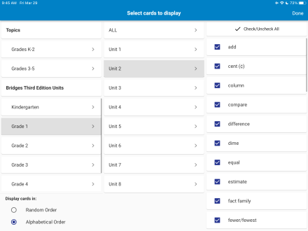 Math Vocabulary Cards screenshot of words selector screen