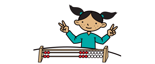 Child holding up two fingers on each hand to match the number rack.