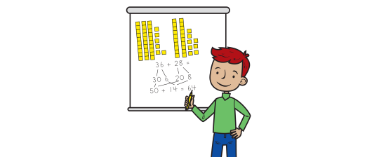 Child counting with base ten pieces on whiteboard solving an equation