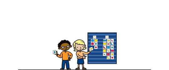 2 children holding calendar makers in front of a calendar grid