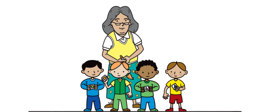 4 children standing in front of teacher